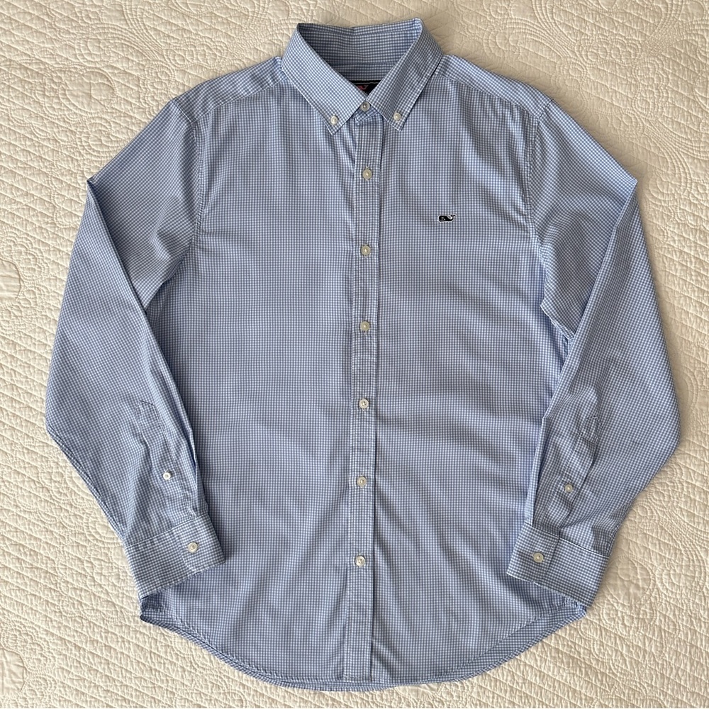 Vineyard Vines Men’s Whale Shirt Button Down Blue Gingham Check Performance